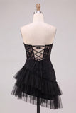 Black Corset Strapless Tiered Tulle Short Cocktail Dress with Lace