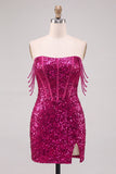Fuchsia Sparkly Corset Sequins Off the Shoulder Short Cocktail Dress with Slit