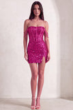 Fuchsia Sparkly Corset Sequins Off the Shoulder Short Cocktail Dress with Slit