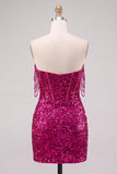 Fuchsia Sparkly Corset Sequins Off the Shoulder Short Cocktail Dress with Slit