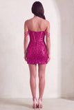 Fuchsia Sparkly Corset Sequins Off the Shoulder Short Cocktail Dress with Slit