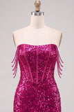 Fuchsia Sparkly Corset Sequins Off the Shoulder Short Cocktail Dress with Slit