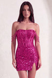 Fuchsia Sparkly Corset Sequins Off the Shoulder Short Cocktail Dress with Slit