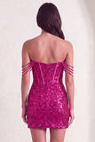 Fuchsia Sparkly Corset Sequins Off the Shoulder Short Cocktail Dress with Slit