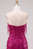 Fuchsia Sparkly Corset Sequins Off the Shoulder Short Cocktail Dress with Slit