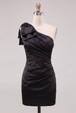 Black Bodycon One Shoulder Ruched Short Cocktail Dress with Bow