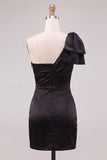 Black Bodycon One Shoulder Ruched Short Cocktail Dress with Bow