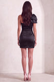 Black Bodycon One Shoulder Ruched Short Cocktail Dress with Bow