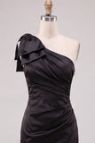 Black Bodycon One Shoulder Ruched Short Cocktail Dress with Bow