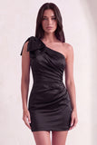 Black Bodycon One Shoulder Ruched Short Cocktail Dress with Bow