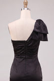 Black Bodycon One Shoulder Ruched Short Cocktail Dress with Bow