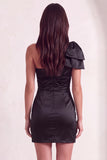 Black Bodycon One Shoulder Ruched Short Cocktail Dress with Bow