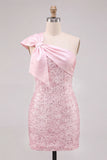 Sparkly Pink Sequins Bodycon One Shoulder Short Cocktail Dress with Bow