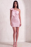 Sparkly Pink Sequins Bodycon One Shoulder Short Cocktail Dress with Bow