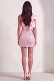 Sparkly Pink Sequins Bodycon One Shoulder Short Cocktail Dress with Bow