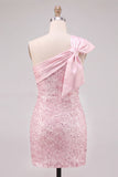 Sparkly Pink Sequins Bodycon One Shoulder Short Cocktail Dress with Bow