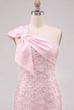 Sparkly Pink Sequins Bodycon One Shoulder Short Cocktail Dress with Bow