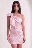 Sparkly Pink Sequins Bodycon One Shoulder Short Cocktail Dress with Bow