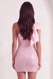 Sparkly Pink Sequins Bodycon One Shoulder Short Cocktail Dress with Bow