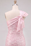 Sparkly Pink Sequins Bodycon One Shoulder Short Cocktail Dress with Bow