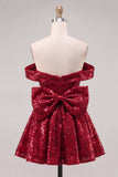 Sparkly Red Sequins Off the Shoulder A-Line Short Cocktail Dress with Bow
