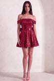 Sparkly Red Sequins Off the Shoulder A-Line Short Cocktail Dress with Bow