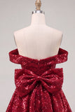 Sparkly Red Sequins Off the Shoulder A-Line Short Cocktail Dress with Bow