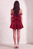 Sparkly Red Sequins Off the Shoulder A-Line Short Cocktail Dress with Bow