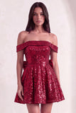 Sparkly Red Sequins Off the Shoulder A-Line Short Cocktail Dress with Bow