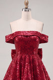 Sparkly Red Sequins Off the Shoulder A-Line Short Cocktail Dress with Bow