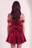 Sparkly Red Sequins Off the Shoulder A-Line Short Cocktail Dress with Bow