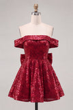 Sparkly Red Sequins Off the Shoulder A-Line Short Cocktail Dress with Bow