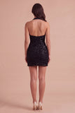 Black Sparkly Sequins Beaded Bodycon Halter Short Cocktail Dress