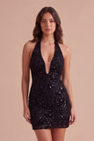 Black Sparkly Sequins Beaded Bodycon Halter Short Cocktail Dress