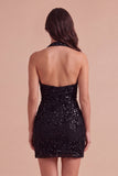 Black Sparkly Sequins Beaded Bodycon Halter Short Cocktail Dress