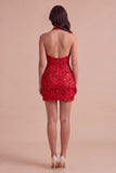 Black Sparkly Sequins Beaded Bodycon Halter Short Cocktail Dress