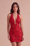 Black Sparkly Sequins Beaded Bodycon Halter Short Cocktail Dress
