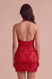 Black Sparkly Sequins Beaded Bodycon Halter Short Cocktail Dress