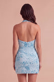 Black Sparkly Sequins Beaded Bodycon Halter Short Cocktail Dress