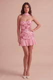 Sparkly Pink Corset Floral Strapless Ruffled Short Cocktail Dress with Neck Scarf