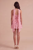 Sparkly Pink Corset Floral Strapless Ruffled Short Cocktail Dress with Neck Scarf
