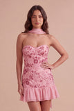 Sparkly Pink Corset Floral Strapless Ruffled Short Cocktail Dress with Neck Scarf