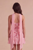 Sparkly Pink Corset Floral Strapless Ruffled Short Cocktail Dress with Neck Scarf