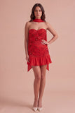 Sparkly Pink Corset Floral Strapless Ruffled Short Cocktail Dress with Neck Scarf