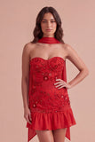 Sparkly Pink Corset Floral Strapless Ruffled Short Cocktail Dress with Neck Scarf