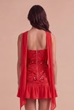 Sparkly Pink Corset Floral Strapless Ruffled Short Cocktail Dress with Neck Scarf