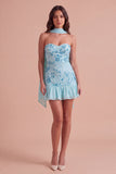 Sparkly Pink Corset Floral Strapless Ruffled Short Cocktail Dress with Neck Scarf