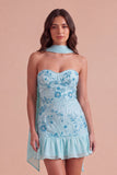 Sparkly Pink Corset Floral Strapless Ruffled Short Cocktail Dress with Neck Scarf