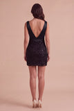 Sparkly Beaded Black Bodycon V-Neck Short Cocktail Dress with Sequins