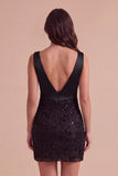 Sparkly Beaded Black Bodycon V-Neck Short Cocktail Dress with Sequins